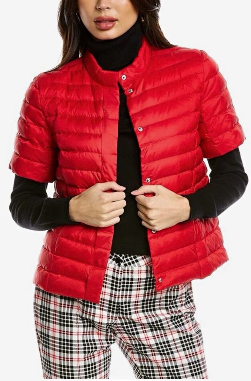 JM Collection Women’s Red Down Quilted Puffer Jacket Snap Front Short Sleeve S